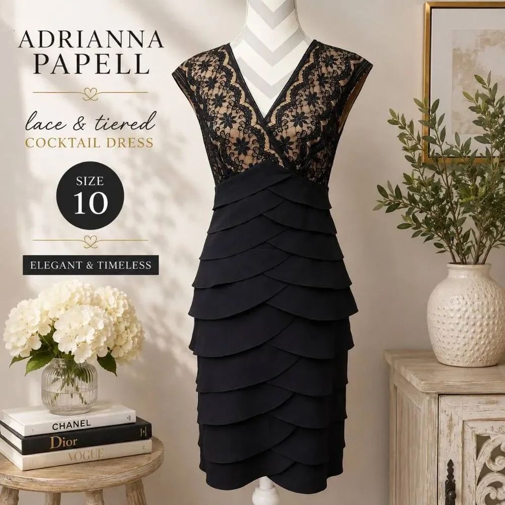Adrianna Papell Women's Size 10 Black Lace Tiered Ruffle Cocktail Dress - Picture 2 of 10